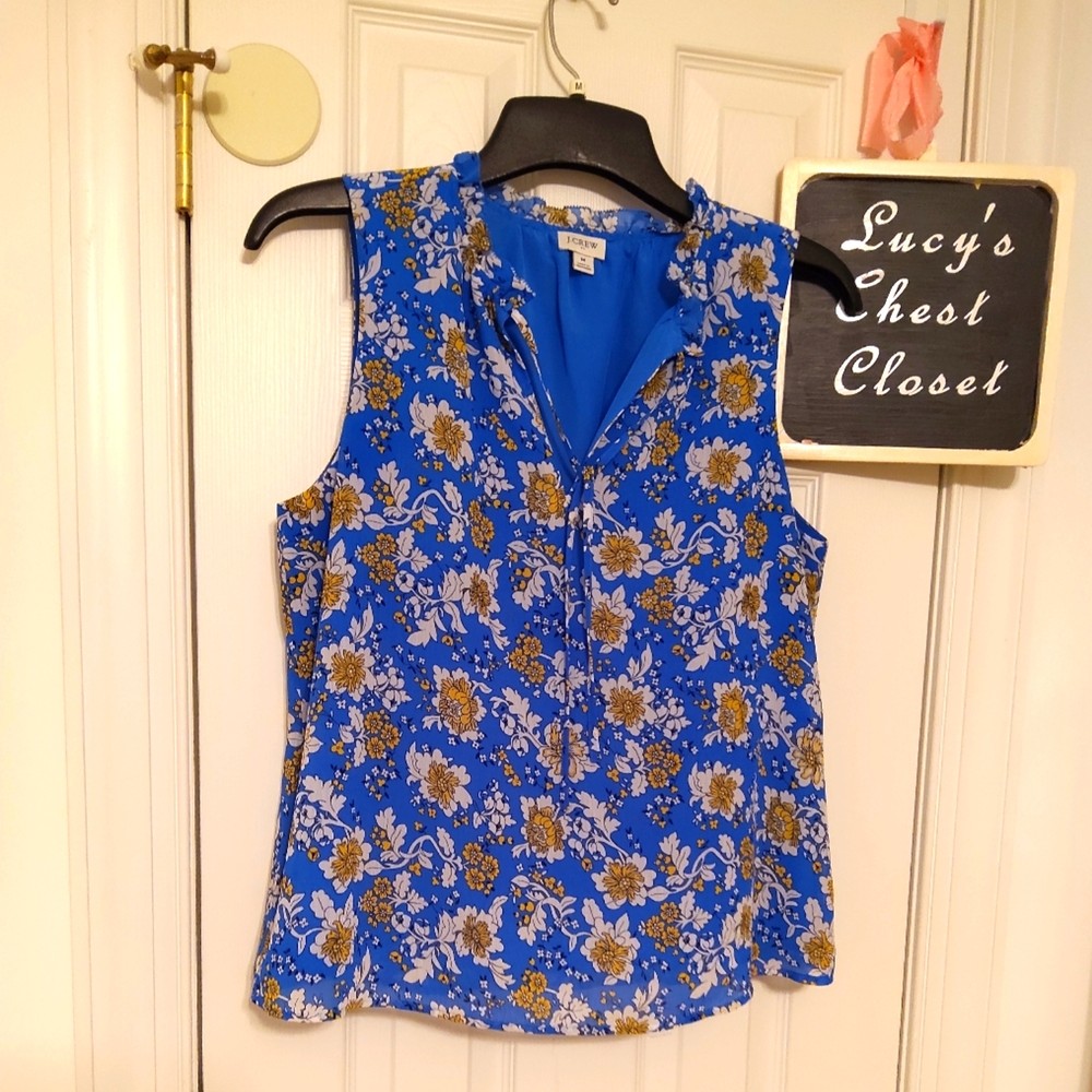 J. Crew Blue and Yellow Sleeveless Ruffled Blouse M